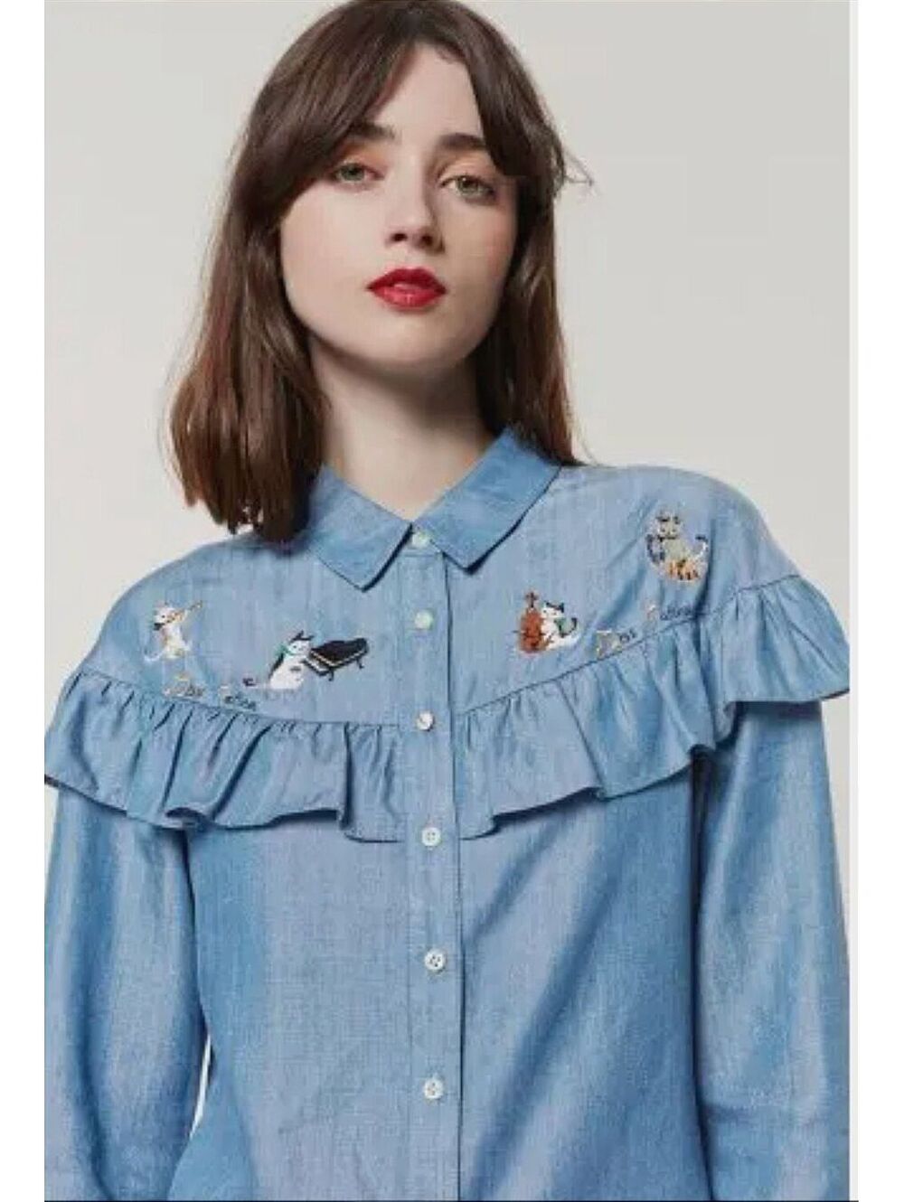 Miss Patina Light Blue Denim Button Down Shirt with Embroidered Cats, Size M